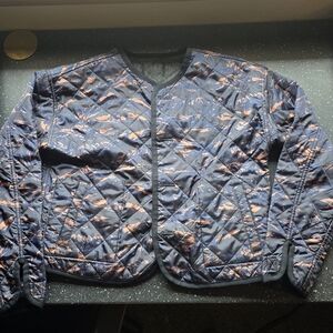 Reversible Quilted Jacket with Navy Coral Orange "Cammo" side and Black Side